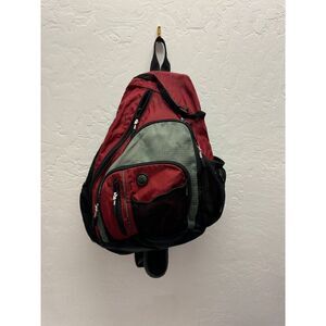 Red Polyester Sling Bag Backpack Multiple Compartments Mesh Pockets‎